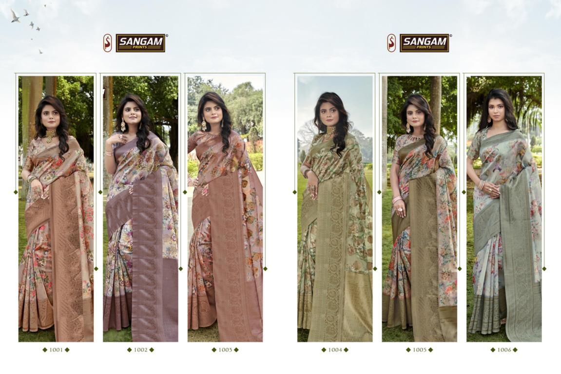 Sangam Elegance Latest Fancy Designer Festive Wear Heavy Pure Linen  Silk Digital Printed Sarees Collection 